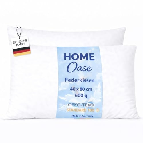 Home Oase Federkissen 40x80 cm (2er Set) - Kopfkissen mit 100% Federfüllung und Bezug aus Bauwmolle, Oeko-Tex Zertifiziert, perfekt für Allergiker und Kinder, 600 g Füllung