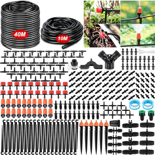JUQG 299PCS Kit per Irrigazione a Goccia, Sistema di irrigazione da Giardino, 40m+10m Kit di Micro Irrigazione Automatico Irrigazione Sistema Adatto per Prato, Giardino, Orto (40M+10M)