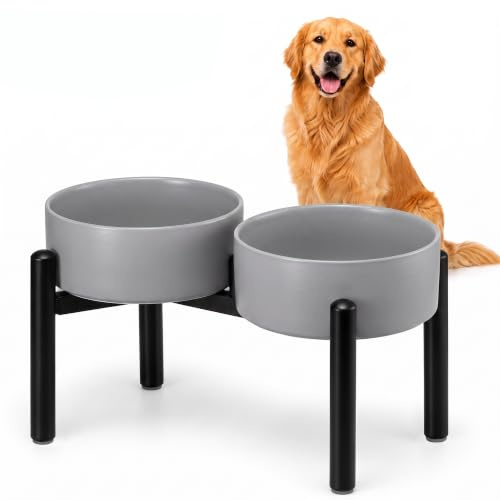 Dog Bowls Elevated - Ceramic Raised Dog Bowl with Non Slip Steel Stainless Stand - No Spill and Heated Feeding Station - Food and Water Dish Set for Medium to Large Pet - Each Holds 7.5 Cups – Grey