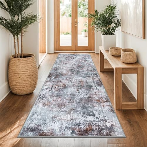 Capslpad Abstrakter Teppich Läufer Flur 80x200cm Waschbar, Rot-grau | Rutschfest Teppich Läufer, Weich Kurzflor Carpet, Küche, Schlafzimmer, Eingangsbereich, Esszimmer, Brücken Hallway