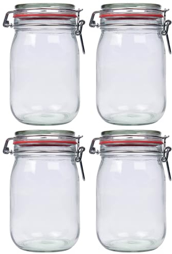 Flaschenland 4x Drahtbügelglas 1140 ml rund aus Klarglas mit Drahtbügelverschluss, ideales Bügelglas zum trockenen Lagern von Lebensmitteln, Mehl, Müsli, Tee oder zum Einmachen