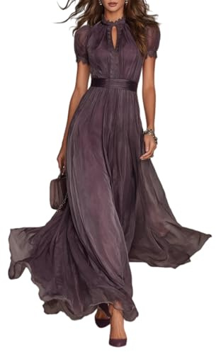 Generico Maxi Abito da Donna Viola Scuro con Bordo in Pizzo – Abito Lungo Estivo Casual a Maniche Corte, Modello Fluido in Stile Boho, Ideale per la Spiaggia e Feste Eleganti