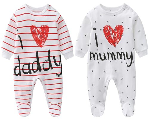 Tutina Neonato in Cotone 100% - Set 2 Pezzi I Love Mummy & Daddy - Pigiama Bimbo/Bimba Manica Lunga con Piedini, Idea Regalo Gemelli, Stampa Ecologica (Bianco, 0-3 mesi)