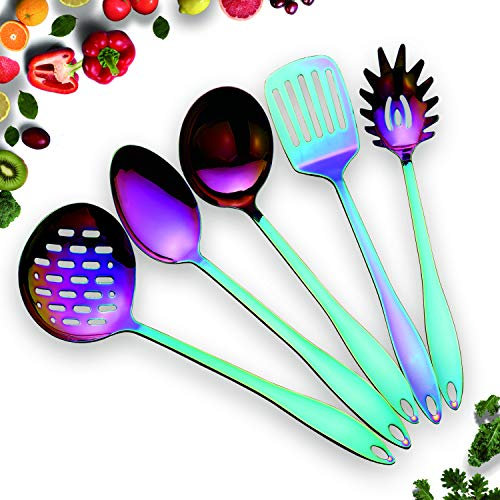 HOMQUEN Set di utensili da cucina colorato in acciaio inox-5 utensili da cucina, set di utensili antiaderanti da cucina color arcobaleno