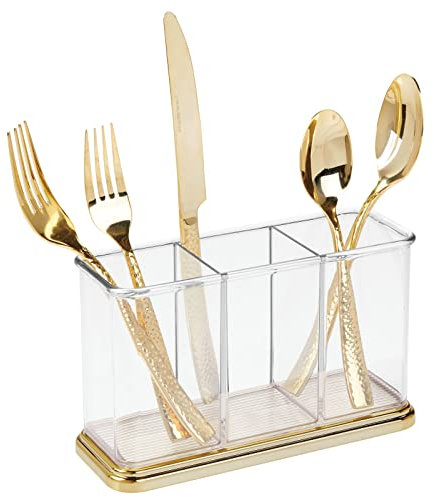 mDesign Cutlery Organiser Box — Plastic Kitchen Utensil Holder for Worktops and Tables — Sleek Cutlery Box for Knives, Forks and Spoons — Clear/Gold