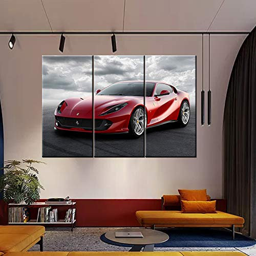 Red Speedy Car Poster Wall Art Sports Car Canvas Prints Red Car and Cloud Cars Picture Print on Canvas 3 Panel Speed Blur Cars Decorations for Boys Room Home Decoration - 101,6 x 50,8 cm x 3 Panels