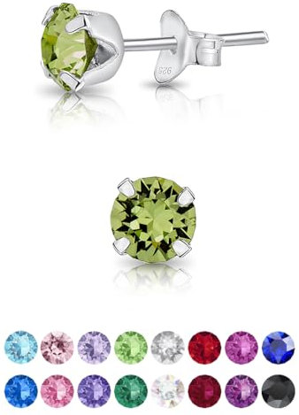 Pendientes Mujer Plata de Ley 925 con Cristales Swarovski Peridoto 5 mm - Pendientes Brillantes de Colores - Aretes Pequeños Plata de Ley 925 - Pendientes Peridoto