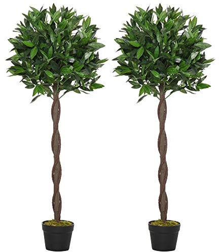 Outsunny Set di 2 Alberi di Alloro in Vaso, Piante Finte in Plastica Altezza 120cm per Interni ed Esterni