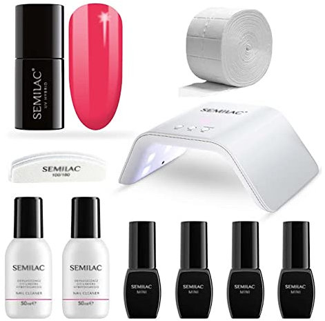 Semilac Try Me Gel Nail Starter Kit, Nail Set For Beginners - 3 x UV Gel Colours 7ml, UV/LED Lamp, Top & Base Coat 7ml, Tools & More For Perfect Manicure Tools & More -042 Neon Raspberry