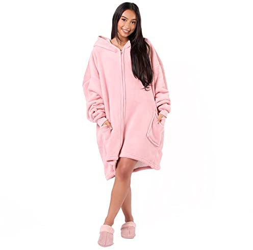 Sienna Übergroße Hoodie Decke mit Reißverschluss, Kapuzenpullover, tragbare Decke, für Damen und Herren, mit Kapuze, gemütlich, warm, Sherpa-Fleece-Cardigan, Einheitsgröße – Errötendes Rosa