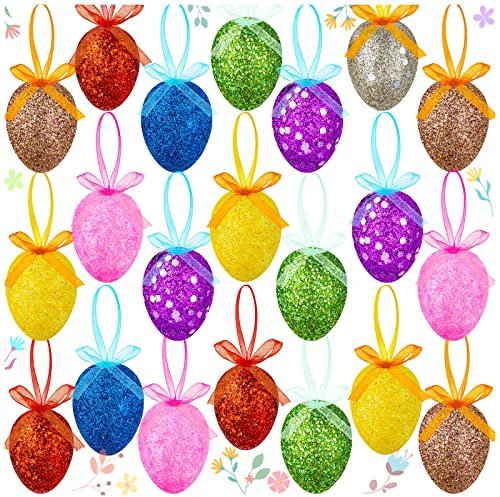 Ostereier zum Aufhängen, 24 Stück, bunte Schaumstoff-Glitzer, künstliche Ostereier zum Aufhängen in 8 Farben, für Osterdekoration