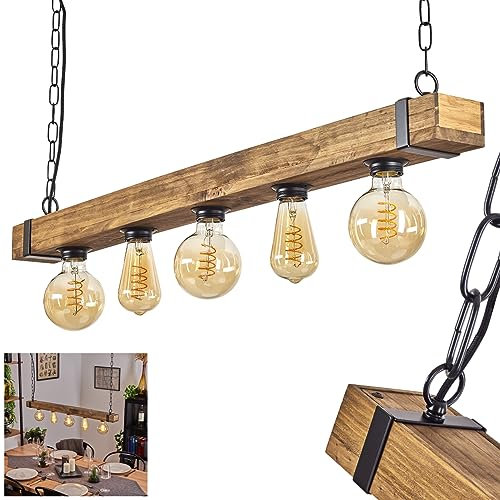 HOFSTEIN Pendelleuchte Montgomery, Hängelampe aus Metall/Holz in Schwarz/Natur, verstellbare Hängeleuchte mit Holzstab u. Ketten-Gliedern, Höhe max. 123cm, 5-flammig, E27, Wohnzimmer, Esszimmer, Küche