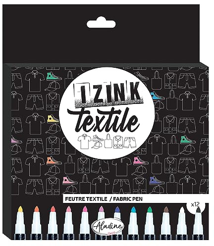 Aladine - 12 Feutres Textiles - Feutres pour Personnaliser Tissus & Vêtements - Couleurs Vives - Marqueurs, Crayons - Feutres Permanents - Jaune, Rouge, Bleu, Vert, Noir, Blanc - 85532