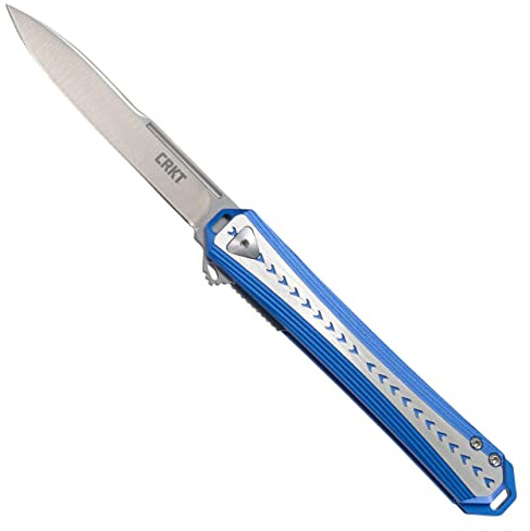 CRKT Stickler Klappmesser für den täglichen Gebrauch, Sandvik 12C27 Klinge mit glatter Kante, Linerverriegelung, Aluminiumgriff 6710, Blau und Silber