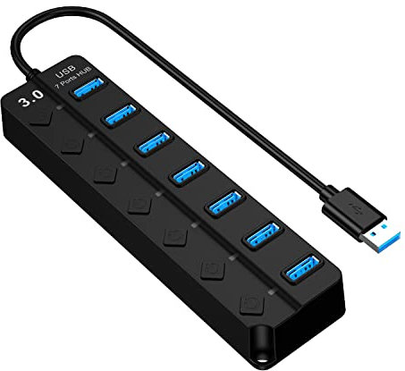 Hub USB 3.0, répartiteur multi-ports, hub USB 3.0, 7 ports avec interrupteur d'alimentation et LED, répartiteur USB haute vitesse pour MacBook, PC, iMac, ordinateur portable