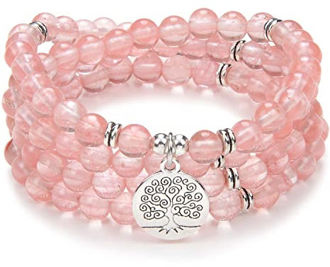 108 Mala Perlen Armband-Mala Perlen Meditation Balance Baum des Lebens Armband-Meditation 108 Mala Stress Angst Relief Halskette (Wassermelonen-Turmalin (Watermelon Tourmaline))