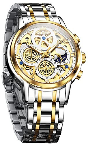 OLEVS Herrenuhren Weiß Edelstahl Skelettuhren Chronograph Japanische Quarz Männer mit Diamant Gesicht Leuchtend Wasserdicht Modisch Lässige Business Armbanduhr