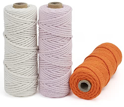 LEREATI Makramee Garn 3mm Set, 150m Makramee-Schnur, Farbig Baumwollseil, Baumwollgarn 3mm zum Makramee Deko, Hängepflanze, Wandbehang, Hochzeitsbogen (Natürlich, Rosa, Orange)