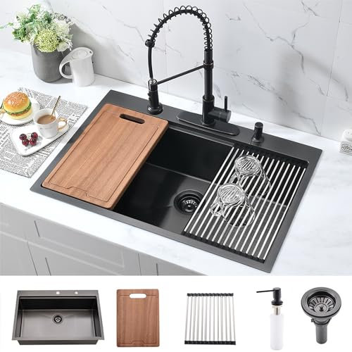 Bokaiya Évier Cuisine 1 Bac, Évier Cuisine Multifonction,Évier Inox Noir 1 Bac avec Distributeur Savon Égouttoir Planche à Découper Tamis et Bouchon, Évier Inox 304 1 cuve Montage à Encastré (76x46cm)