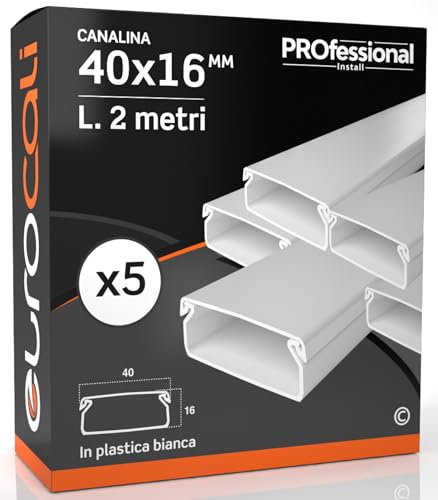 Canalina Passacavi 40x16 mm in plastica bianca con coperchio Lunghezza 2 metri - Pacco da 5 Canaline (10m)