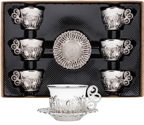 Alisveristime Ensemble de 6 tasses à café turques en porcelaine blanche et zinc avec motifs turcs, 6 tasses et soucoupes (argent)