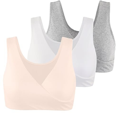 COLOMI Maternity Nursing Bra Wireless Cotton Breastfeeding Bra for Sleep (L, Grey+White+Apricot)