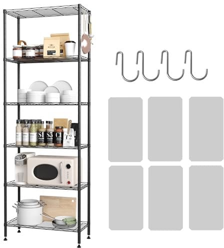 HOMEFORT 6 Regalböden, verstellbares Drahtregal, Metalldrahtregal mit Regaleinlagen und Haken für Küche, Schrank, Badezimmer, Wäsche, schwarz, 53,3 cm B x 27,9 cm T x 150 cm H