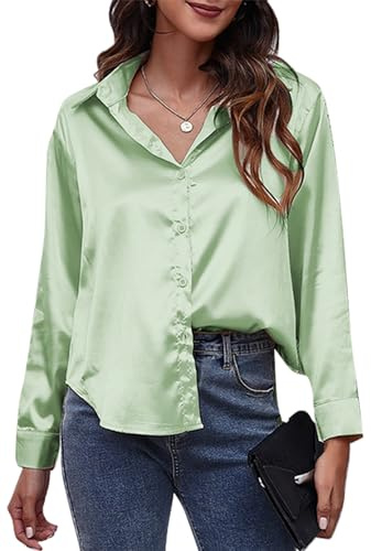 Maeau - Chemise Satin Femmes Chemisiers à Manches Longues Élégante Top Décontracté Revers à Boutons Solide Chemisies d'affaires - Vert - L