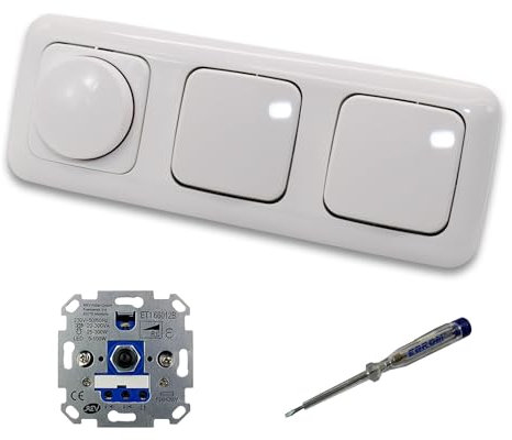 REV Ritter LED Drehdimmer Dimmer + Busch Jäger Dimmerscheibe 2115-214 und 2 x Kreuzschalter 2000/7 US in Reflex Si alpinweiß glänzend inklusive EBROM Phasenprüfer zur Montage der Geräte ET1 66012B