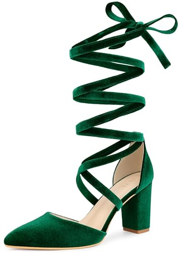 Allegra K Women Velvet Lace Up Pointed Toe Chunky Heels Pumps Dress Shoes | Faux Vamp. Cross Strap. Block Heel. 3.3in Heel. Comfortable. Breathable. Office Party Dating Evening Christmas