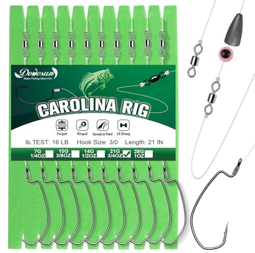 Dovesun 10 Stück Carolina Rig Kit für Bass und Wels - Free Rig Angeln Set mit Haken, Wirbel, Fluorocarbon Schnur und Gewichte