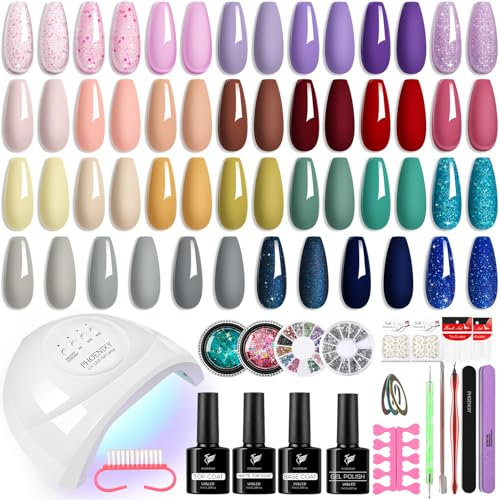 PHOENIXY 48 Pcs Gel Nail Kit with 48W Lamp, Pink Purple Nude Grey Gel Nail Polish Set with Base Coat Glossy Matte Top Coat, Nail Art Decoration Nail Kit Gift for Women