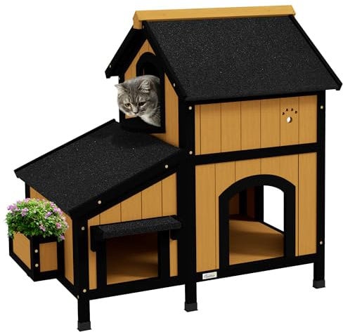 PawHut Katzenhaus, Tannenholz, Katzenhütte mit mehreren Eingängen, 2 Etagen, Katzenhöhle für draußen, Kleintierhaus mit Asphaltadach, Blumenkasten, winterfest, Erhöhtes Design, Gelb, 96 x 65 x 85,5 cm