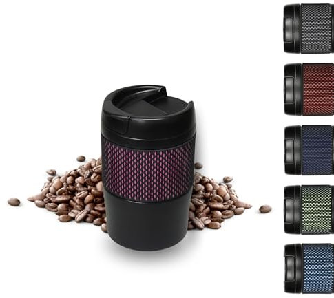 Thermobecher 'Temptation' klein - Kaffeebecher to go doppelwandig - Edelstahl Vakuumbecher mit Manschette - 300ml to go Becher - Reisebecher mit Deckel, Farbe:schwarz/pink
