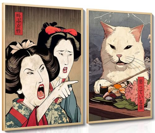 MUWAK Lustige Anime-Poster, japanische Dekoration, 2er-Set – Frau schreit Katze, Leinwand-Kunst, Vintage-Anime-Katzen-Wanddekoration für Wohnzimmer, Flur, Küche, Heimdekoration, 40,6 x 61 cm,