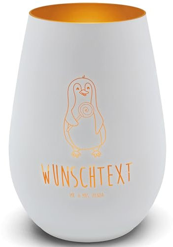 Mr. & Mrs. Panda Gold Windlicht Personalisiert Pinguin Lolli - Personalisierte Geschenke, Personalisiertes Teelicht, Personalisiertes Teelicht aus