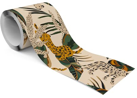 Muralo Bordüre Selbstklebend Leoparden und Blätter, Wandbordüre - 10x300 cm | Tapetenbordüre, Modernes Design, UV-beständig, halbmatt, glatt und abriebfest - ideal für Wohnzimmer und Schlafzimmer