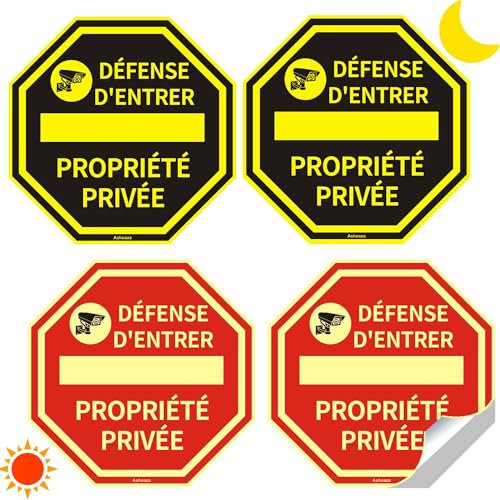 Ashoaza Autocollant Propriété Privée sous Video Surveillance, 4 Panneau Surveillance Video Adhesif, Panneaux de Vidéosurveillance Défense d'Entrer lumineux Octogonal 20 x 20 CM