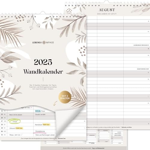 Lebenskompass Kalender 2025 Wandkalender – Familienplaner 3 Spalten mit Monatsübersicht – Achtsamer Wandkalender 2025 zum Aufhängen, ideal für Familien