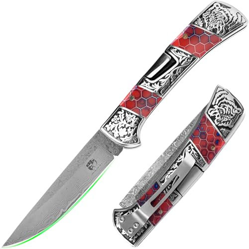 FULLHI 10cm Cuchillos plegables de caza de acero de Damasco fluorescente Resina Mango Cuchillo de bolsillo incluyen caja gif para Camping Senderismo Supervivencia,gif hombre,mujeres (Rojo)