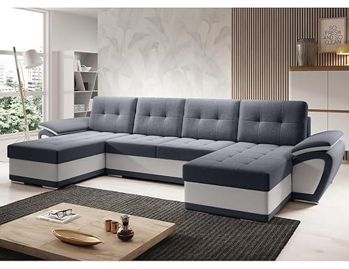 Easy4You ENZO Marineblau/Weiss Eco-Leder Ecksofa U-Form 336 x 97 x 157 cm mit Schlaffunktion und Stauraum - Schlafsofa mit Bettkasten - Moderne Wohnzimmermöbel – Stoff: SORO 97 + Soft 17
