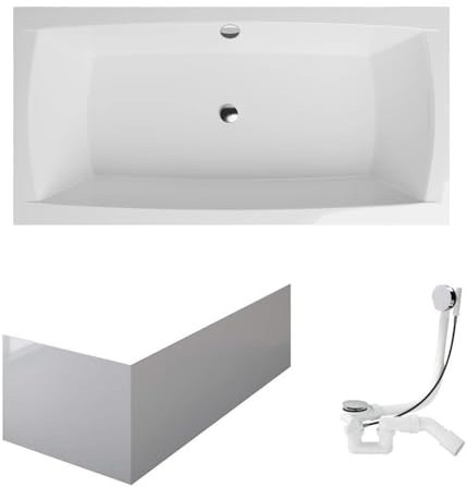VBChome Badewanne 140x70 cm Weiß Acryl Schürze Wannenfüße Siphon Wanne Rechteckig Zentralen Abfluss Design Modern Ablaufgarnitur in Chrom Badewanne mit Schürze