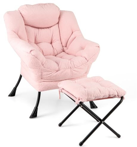 GIANTEX Fauteuil de Lecture Scandinave, Fauteuil Relax Salon Sherpa, Oreiller, Accoudoirs, Poche Latérale, Cadre Métallique, pour Salon, Chambre (avec Repose-Pieds, Rose)