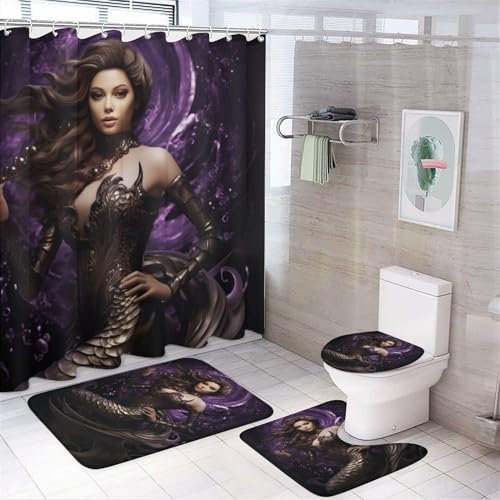 Ensemble de rideaux de douche sexy sirène 4 pièces avec tapis antidérapants, housse de couvercle de toilette et tapis de bain, belle femme côtière, ensemble de décoration de salle de bain, rideaux de
