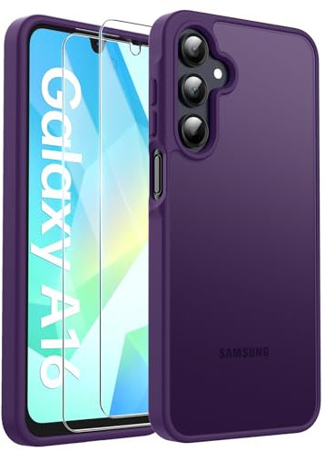 FLLAO Opaca Cover Compatibile con Samsung Galaxy A16 5G/4G con 2 Vetro Temperato, [Della Fotocamera Protezione] Anticaduta Antiurto Anti-Graffio Hard PC Glassata Traslucida Custodia Viola Scuro