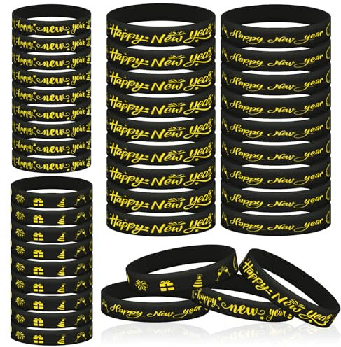 HONMOK 36pcs Bracelets Bonne Année 2025 pour Homme Femme Bracelet en Silicone pour Fête Nouvel An Kit HAPPY NEW YEAR Accessoires Noir Or Personnalisable pour Enfant(4 styles)