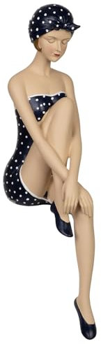 Moritz Dekorative Resinfigur Badefigur Dame im Retro-Badeanzug Punkte Blau Weiß Dekofigur zum Sitzen Stilvolle Tischdeko H 43 cm Deko für Zuhause Büro Geschenkidee