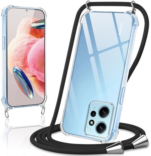 Coiwxmoi Coque avec Cordon pour Xiaomi Redmi Note 12 4G 6,67, Collier Réglable Téléphone Étui Portable Lanyard Case Transparent Ultra Souple Silicone TPU Housse Antichoc Protection Cover, Noir
