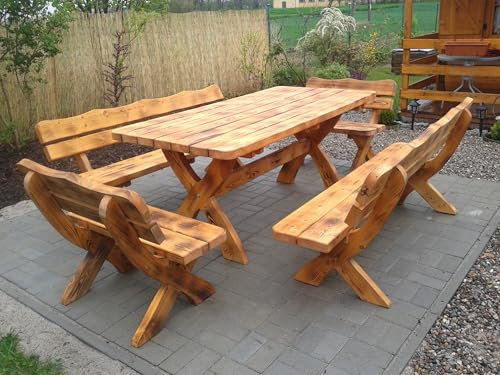 AR-OJ Rustikale Gartenmöbel-Garnitur aus Holz, 1 Tisch mit 4 Bänken, Geflammt
