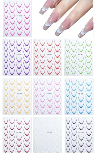 10 Sheets 3D French Tip Nail Stickers, 10 Colors Self-Adhesive Nail Art Decals, Colorful Stripes & Curved Lines Transfer Foils for Elegant Manicure Designs